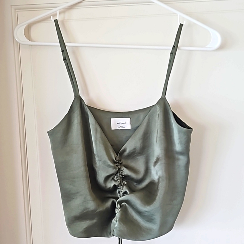 Aritzia Wilfred sage green satin ruched cropped tank top